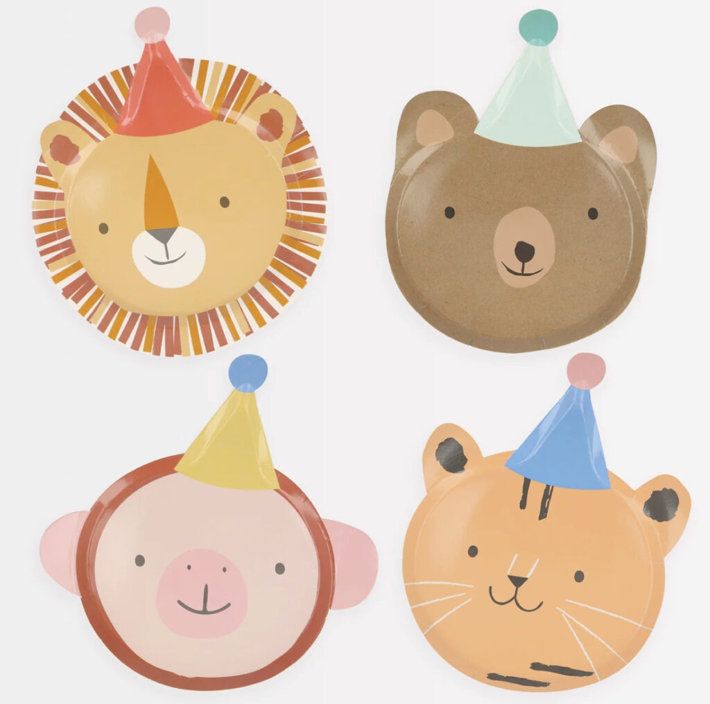 Meri Meri Pappteller in 4 verschiedenen Tier-Designs wie Löwe, Affe, Bär und Tiger