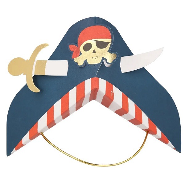 Mit dem Meri Meri Piraten Party Hut Set lassen sich die kleinen Partygäste blitzschnell in kleine Piraten verkleiden. Dank Gummiband lassen sich die Piraten Partyhüte ruckzuck anziehen.