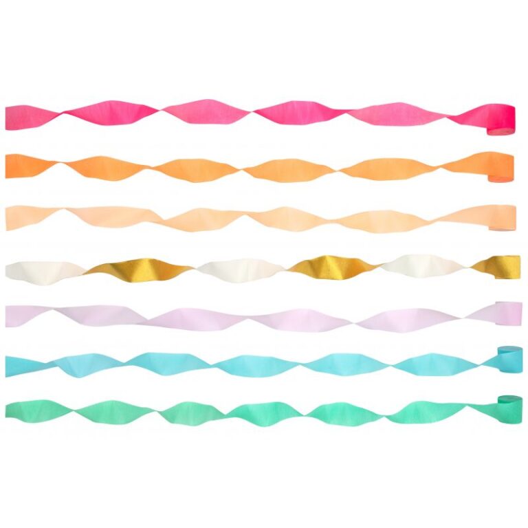 Meri Meri - festliches Set aus Krepppapier-Luftschlangen in 7 hellen Meri Meri-Farbtönen , ideal für jede Art von Party - von Babyparty, Junggesellenparty bis Geburtstagsfeier oder Frühlingsparty. Das Set enthält 7 lange Bänder in 6 verschiedenen Neonfarben + 1 Gold.